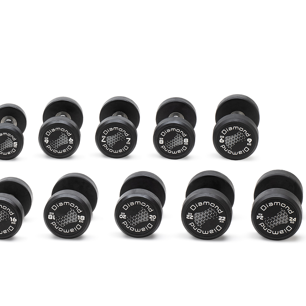 Handlebars - Diamond Set 8 Pairs Rubberized Round Dumbbells 26-40 Kg Pro Black